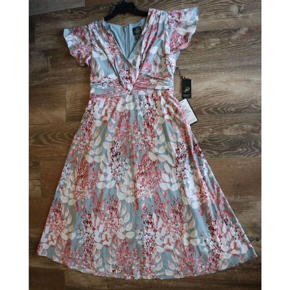 Adrianna Papell Sz 16 Aqua Multi Floral Printed Surplice Fit & Flare Dress - Picture 1 of 14